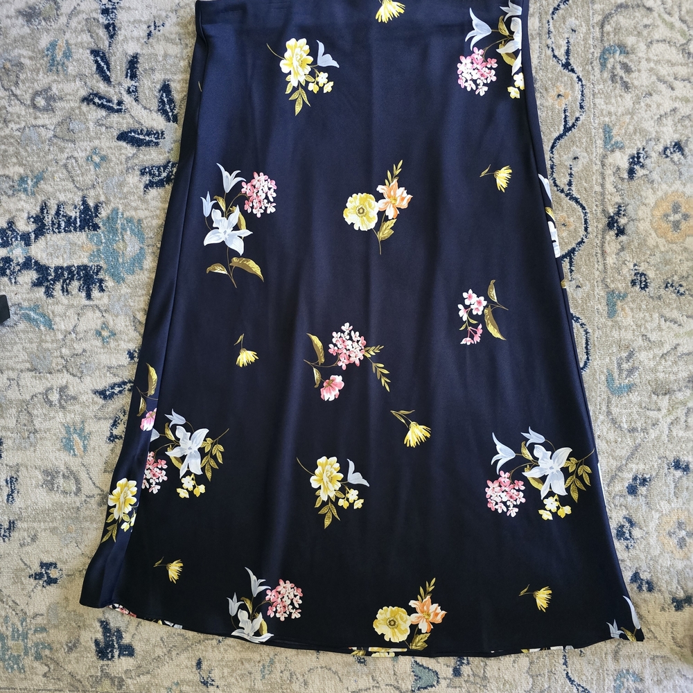LOFT Navy Floral A-Line Skirt with Yellow & Pink Blooms